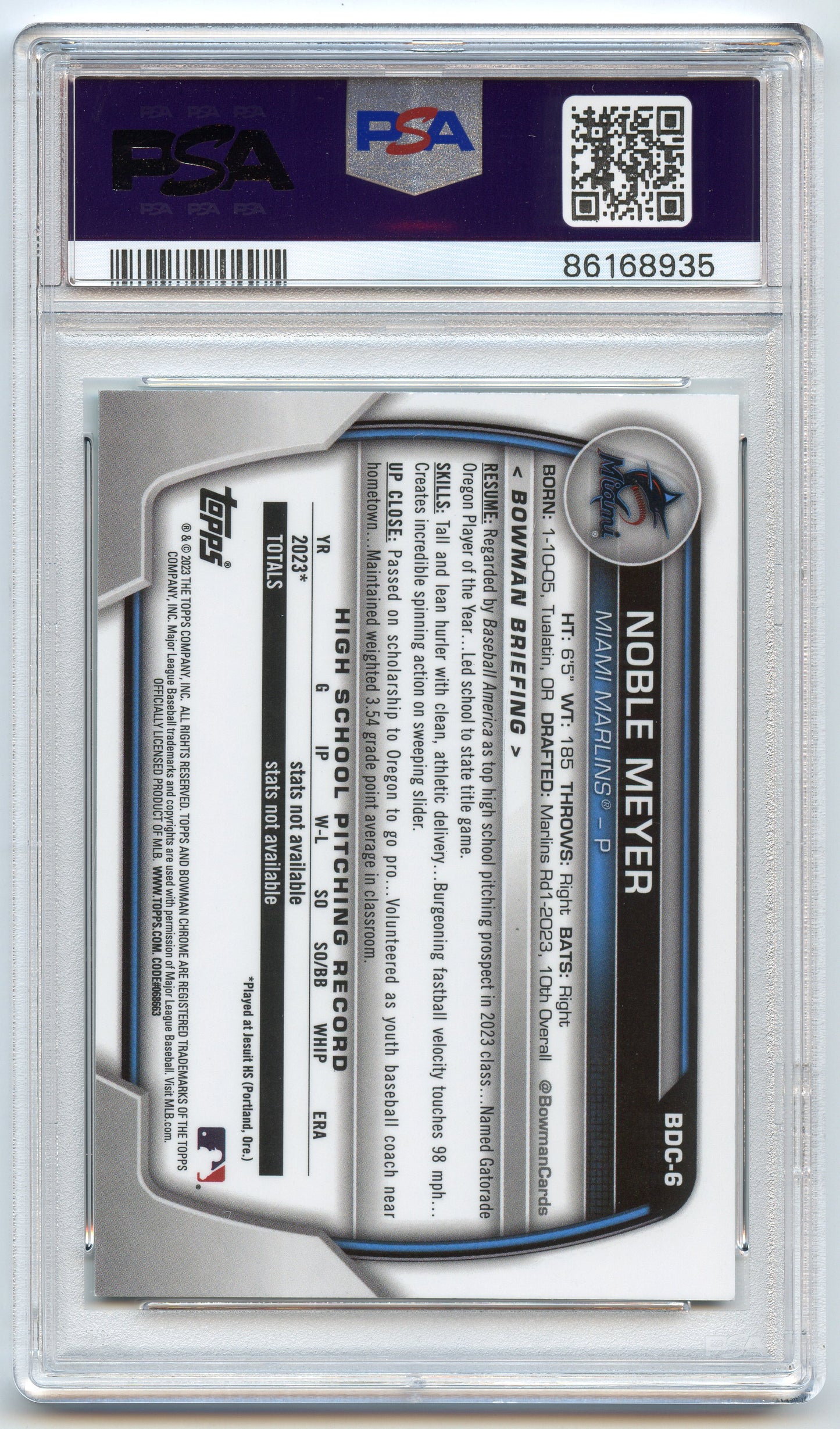 2023 Bowman Draft Chrome Noble Meyer Aqua Wave /125 PSA 9