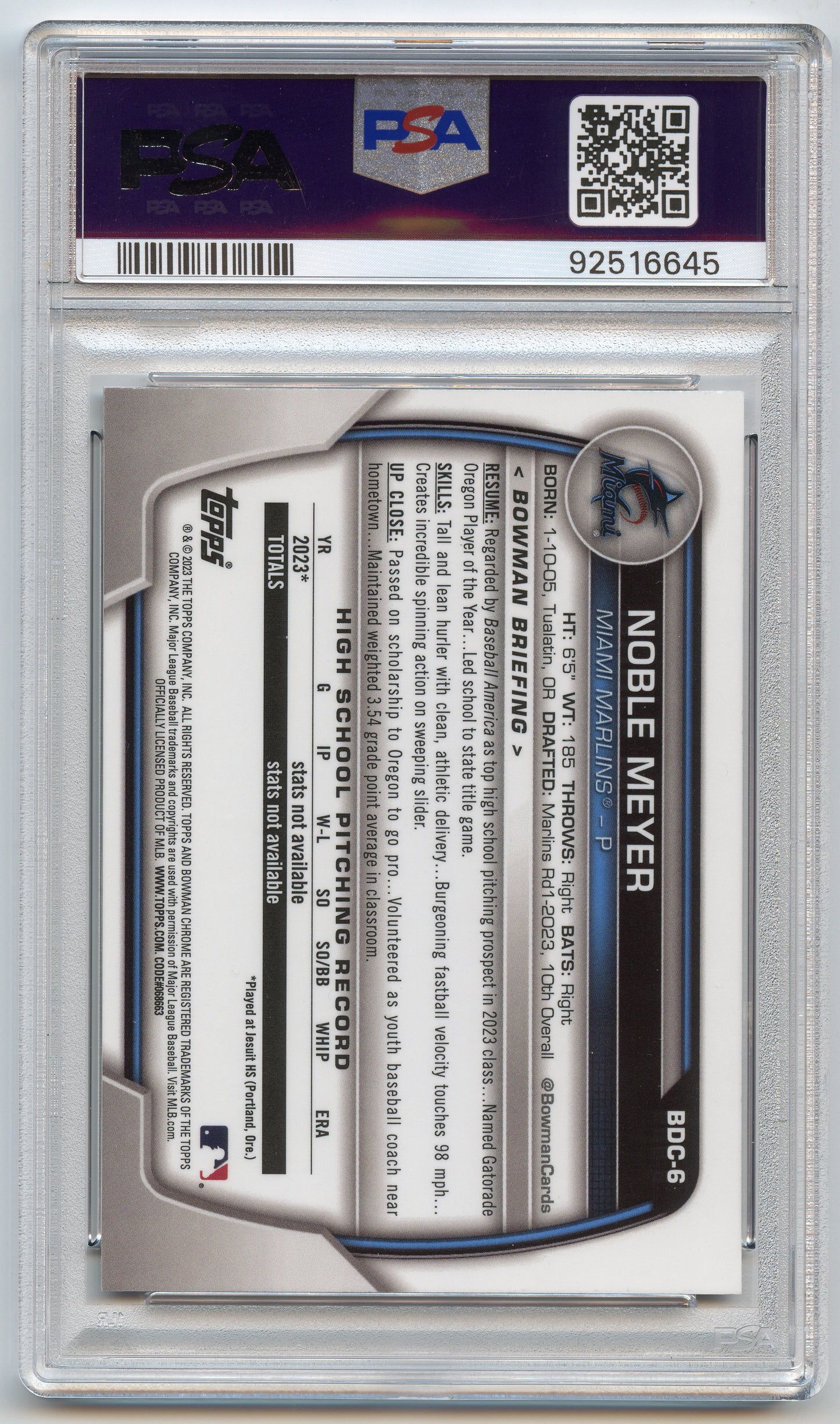 2023 Bowman Draft Chrome Noble Meyer Gold /50 PSA 9