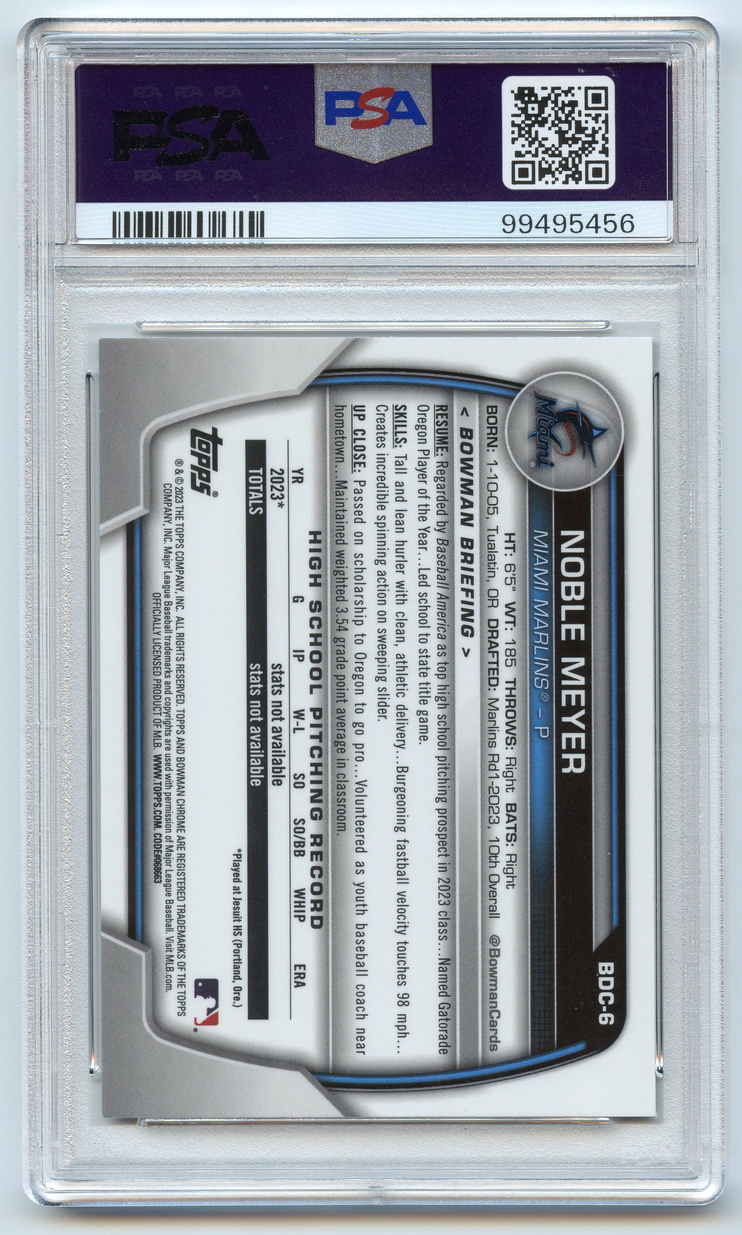 2023 Bowman Draft Chrome Noble Meyer Aqua Lunar Crater /125 PSA 9