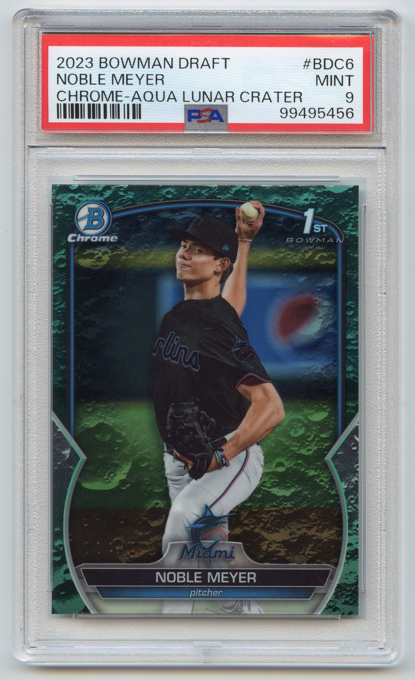2023 Bowman Draft Chrome Noble Meyer Aqua Lunar Crater /125 PSA 9