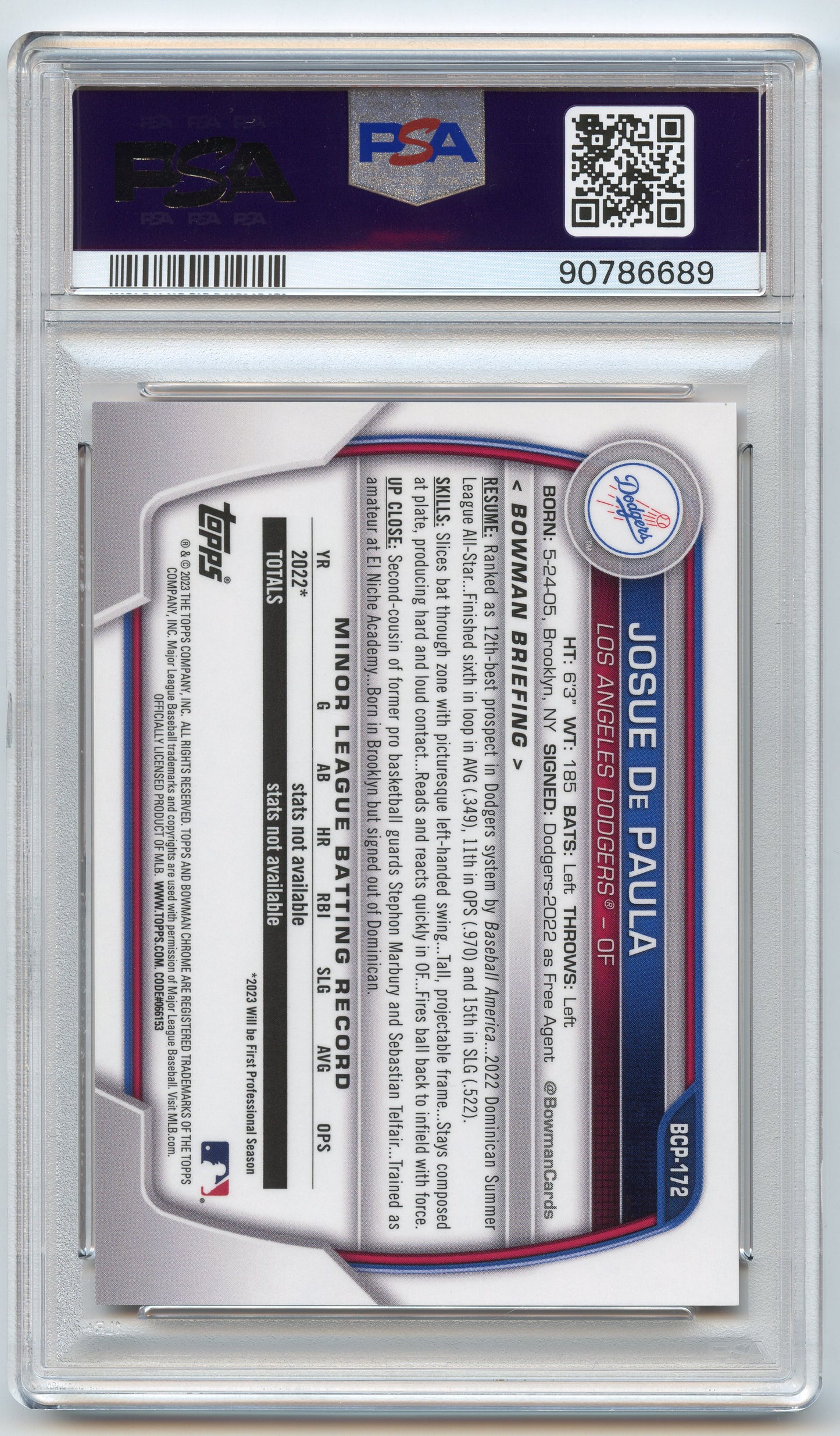 2023 Bowman Chrome Sapphire Josue de Paula Orange /75 PSA 9