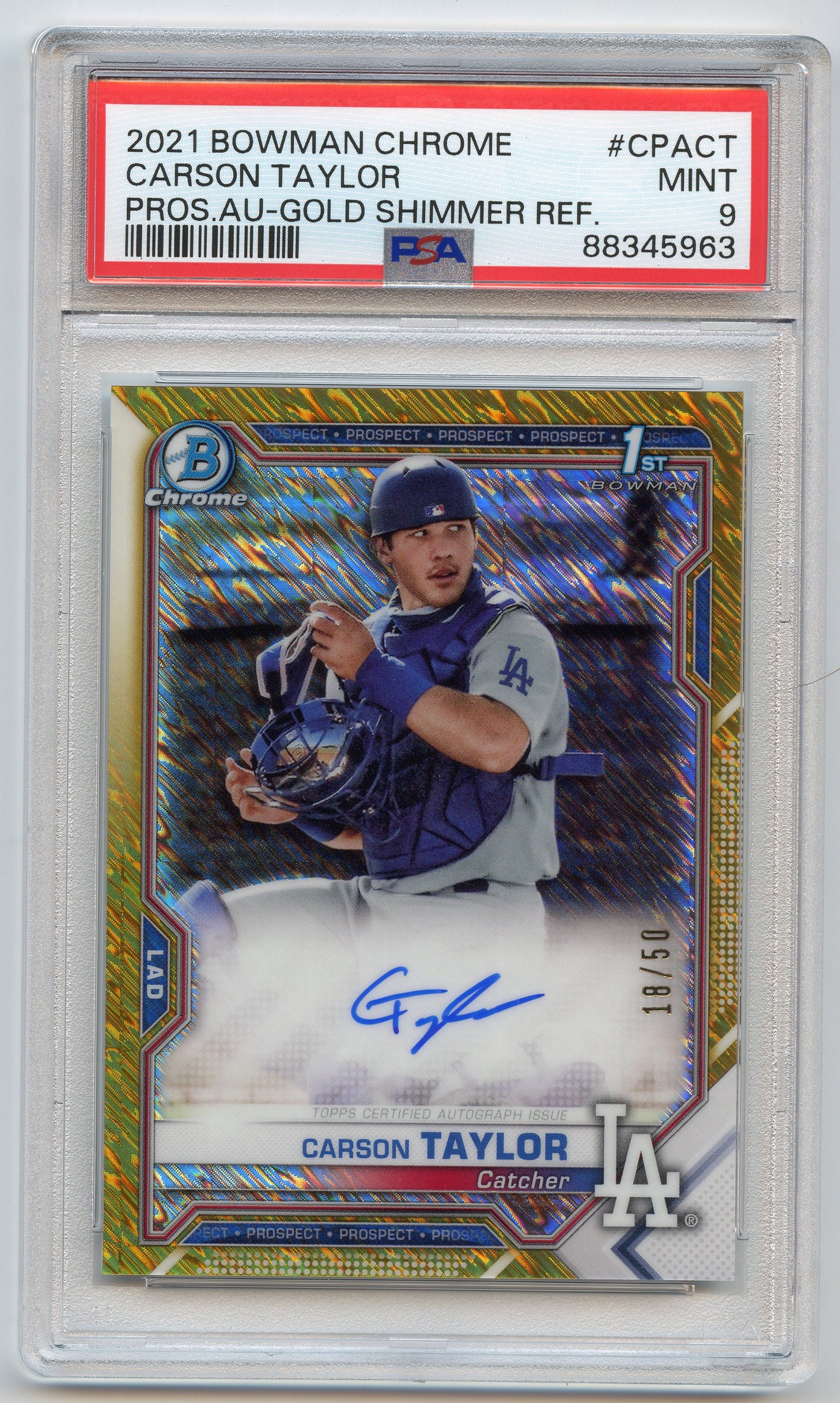 2021 Bowman Chrome Carson Taylor Gold Shimmer Auto /50 PSA 9