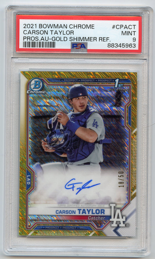 2021 Bowman Chrome Carson Taylor Gold Shimmer Auto /50 PSA 9