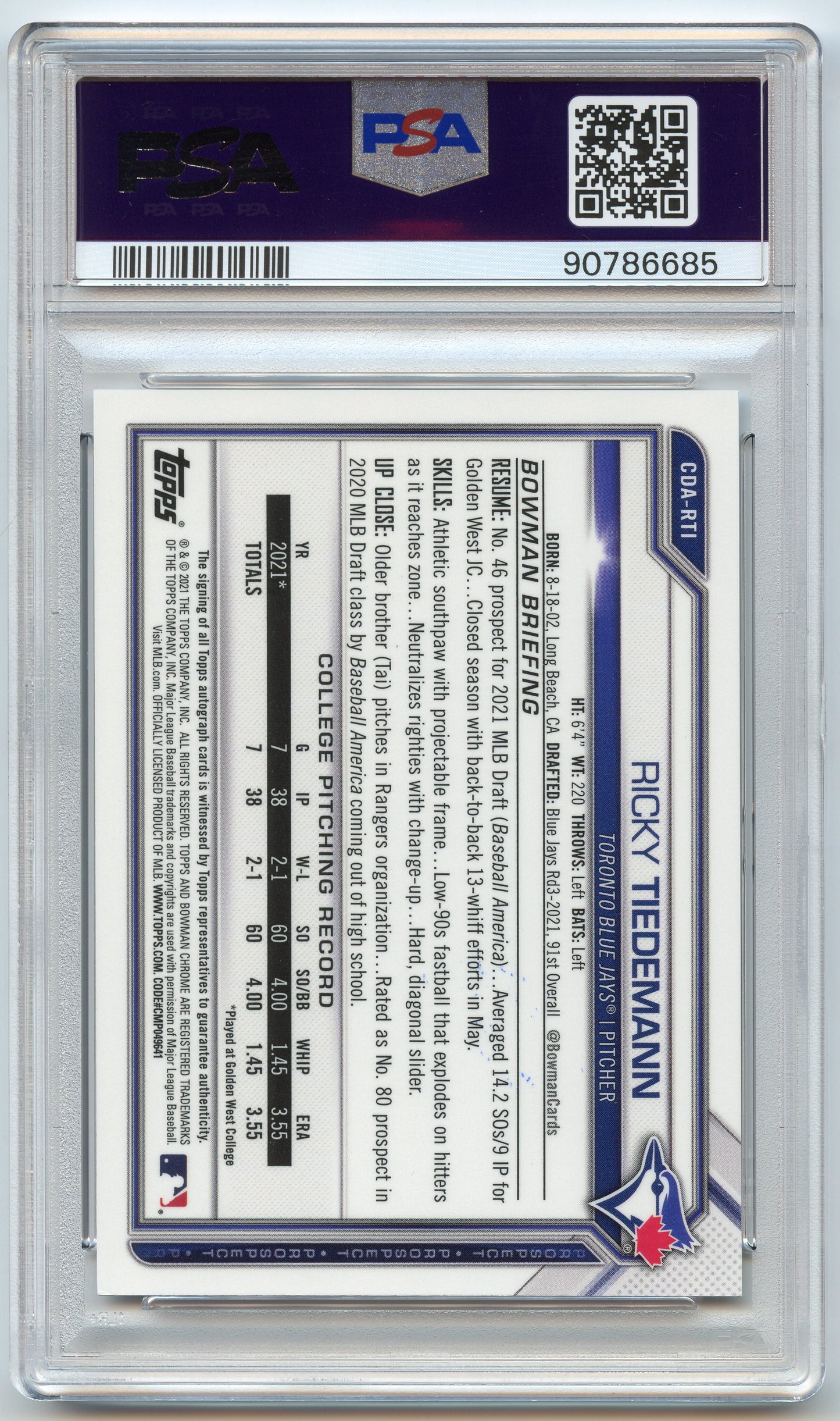 2021 Bowman Draft Chrome Ricky Tiedemann Auto PSA 10