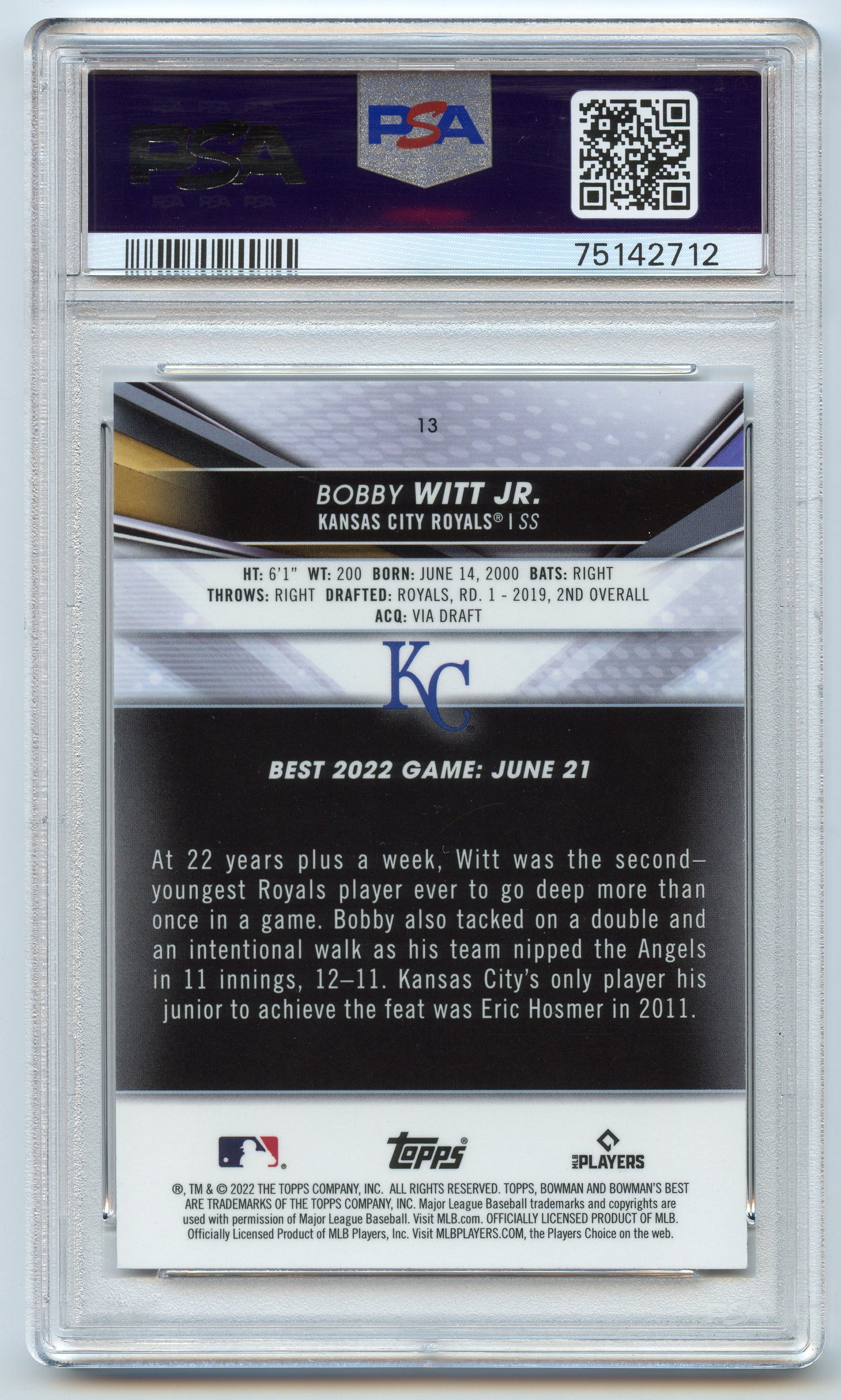 2022 Bowman's Best Bobby Witt Jr PSA 10